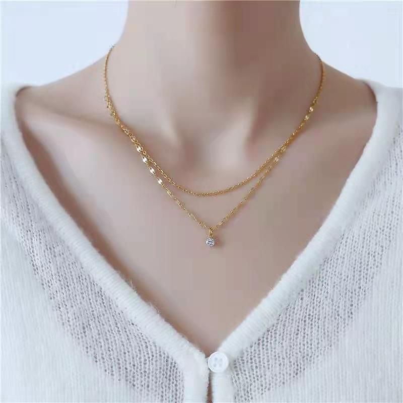 304 Stainless Steel IG Style Simple Style Plating Inlay Round Artificial Rhinestones Layered Necklaces