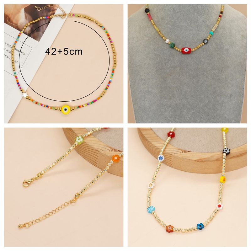 Commute Eye Flower Glass Metal Beaded Chain Women's Necklace