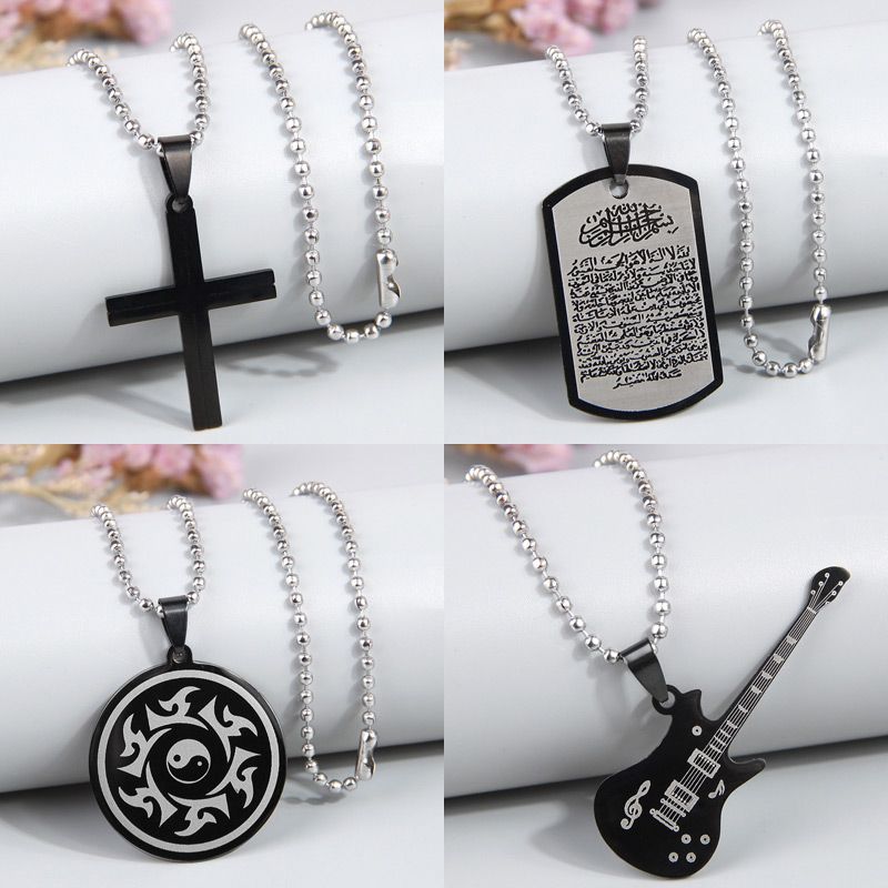 Simple Style Cross Guitar Stainless Steel Men's Pendant Necklace