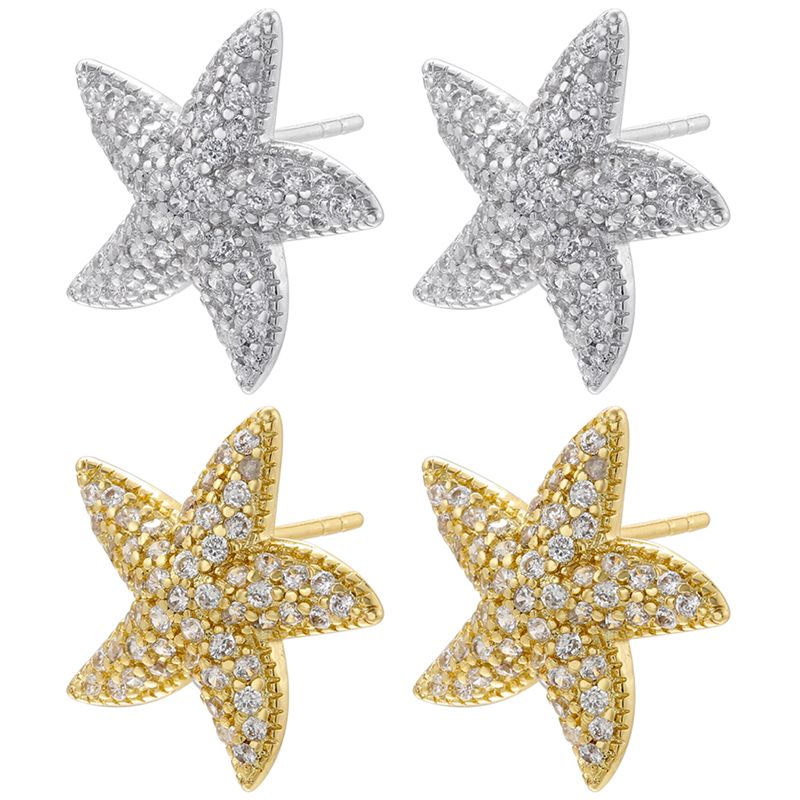 1 Pair Elegant Pentagram Starfish Plating Inlay Copper Zircon 18k Gold Plated Ear Studs