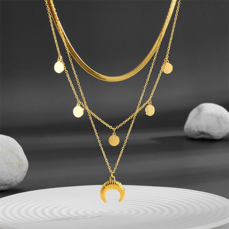 Titanium Steel 18K Gold Plated Lady Plating Moon Layered Necklaces
