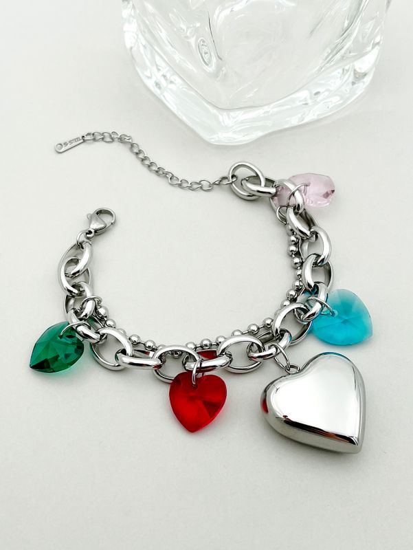 Nordic Style Artistic Heart Shape 304 Stainless Steel Glass Stone Bracelets In Bulk