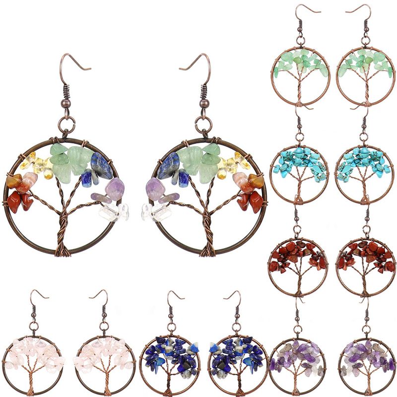 1 Pair Ethnic Style Pastoral Tree Hollow Out Natural Stone Copper Drop Earrings
