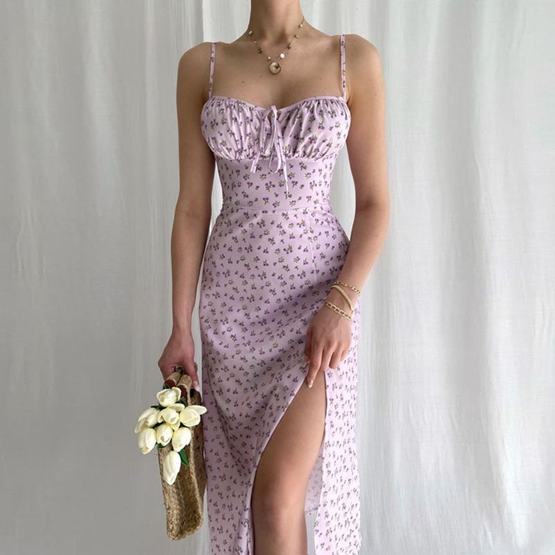 Women's Strap Dress Sexy Pastoral Backless Sleeveless Ditsy Floral Midi Dress Daily