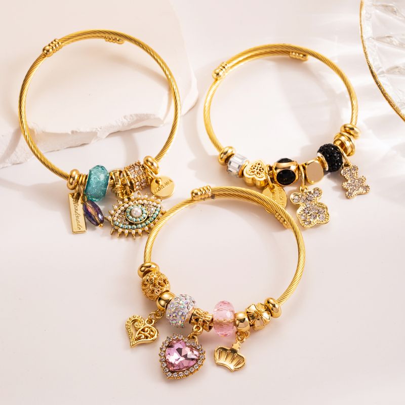 304 Stainless Steel Alloy Gold Plated Cute Romantic Sweet Beaded Plating Inlay Devil'S Eye Bear Artificial Crystal Bangle