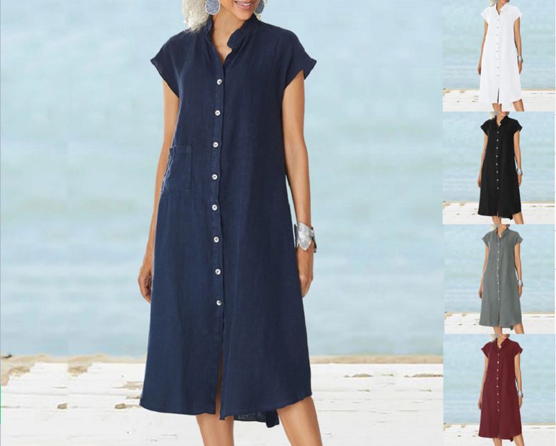 Women's Regular Dress Vintage Style Standing Collar Pocket Patchwork Short Sleeve Solid Color Midi Dress Holiday Daily