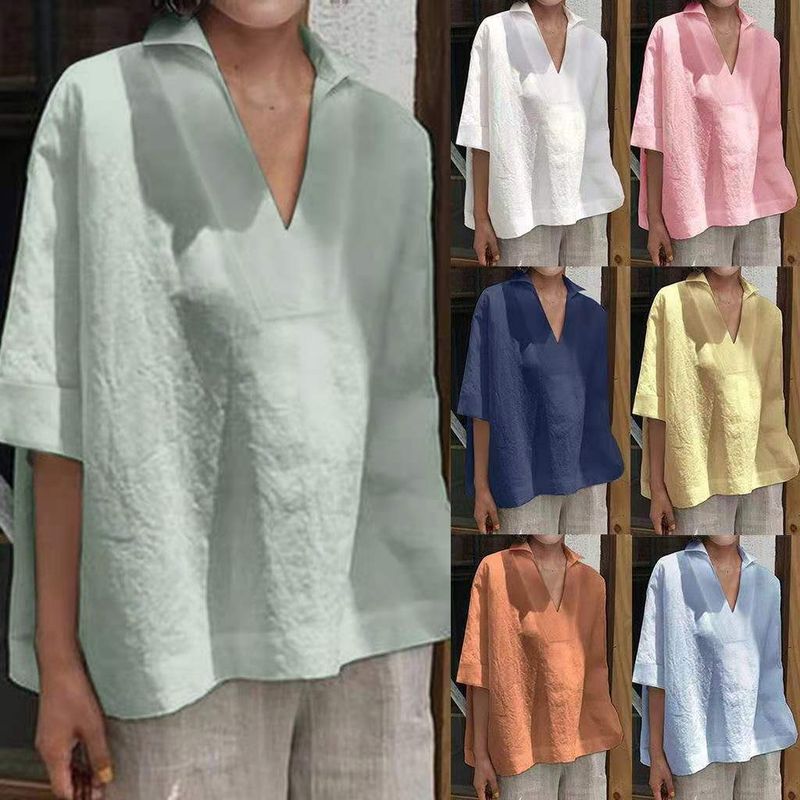 Women's Blouse Half Sleeve Blouses Patchwork Pastoral Solid Color