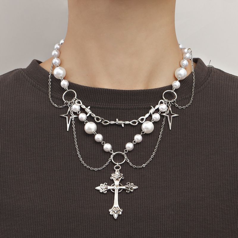 Simple Style Cross Alloy Beaded Women's Layered Necklaces