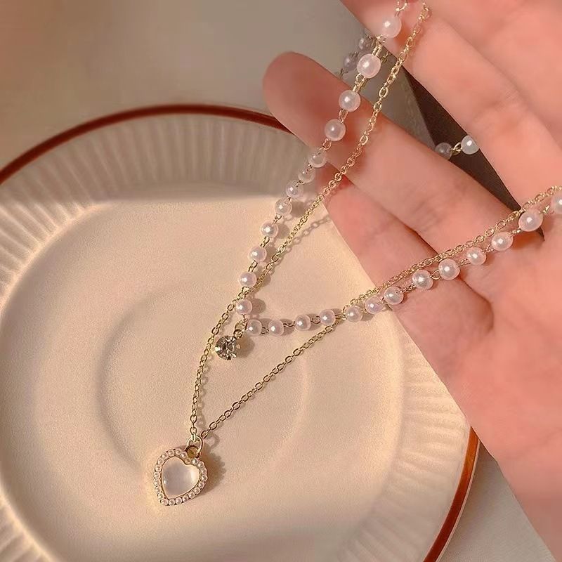 Elegant Sweet Heart Shape Alloy Plating Inlay Artificial Pearls Zircon Women's Layered Necklaces