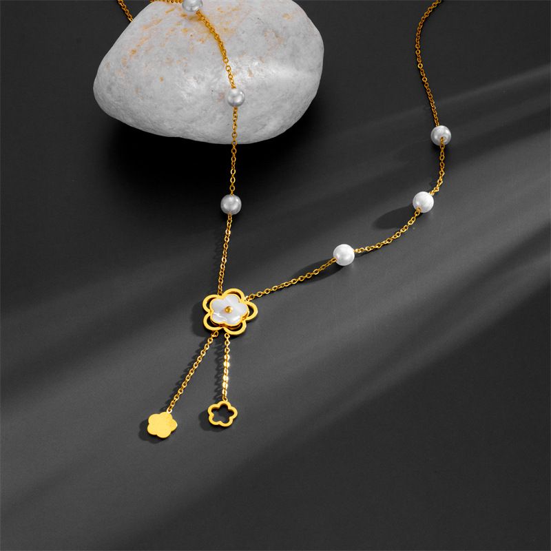 Titanium Steel Sweet Simple Style Pearl Plating Inlay Tassel Flower Acrylic Pendant Necklace