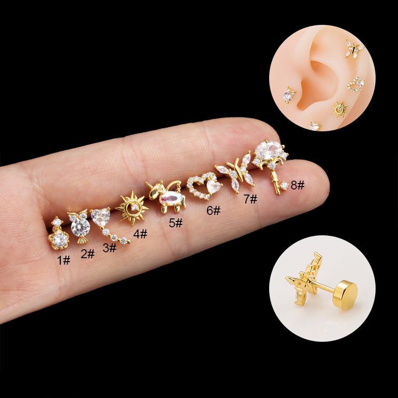 1 Piece Ear Cartilage Rings & Studs Fashion Heart Shape Owl Butterfly Copper Plating Inlay Zircon