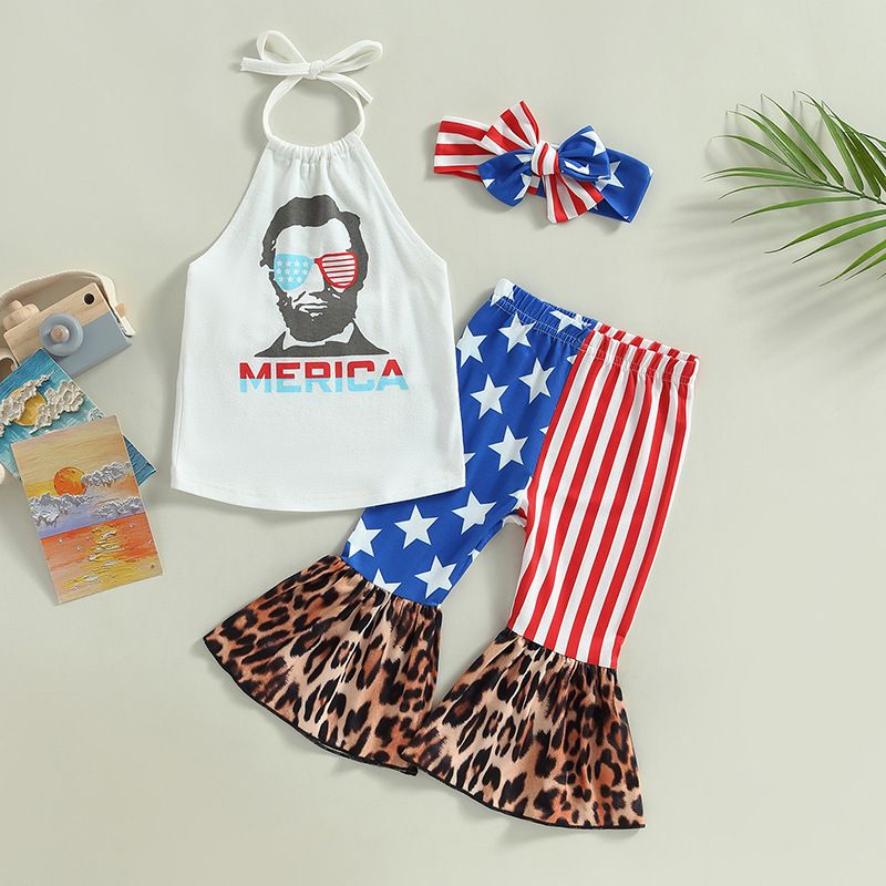 Independence Day Simple Style Portrait Printing Stripe Printing Cotton Girls Clothing Sets