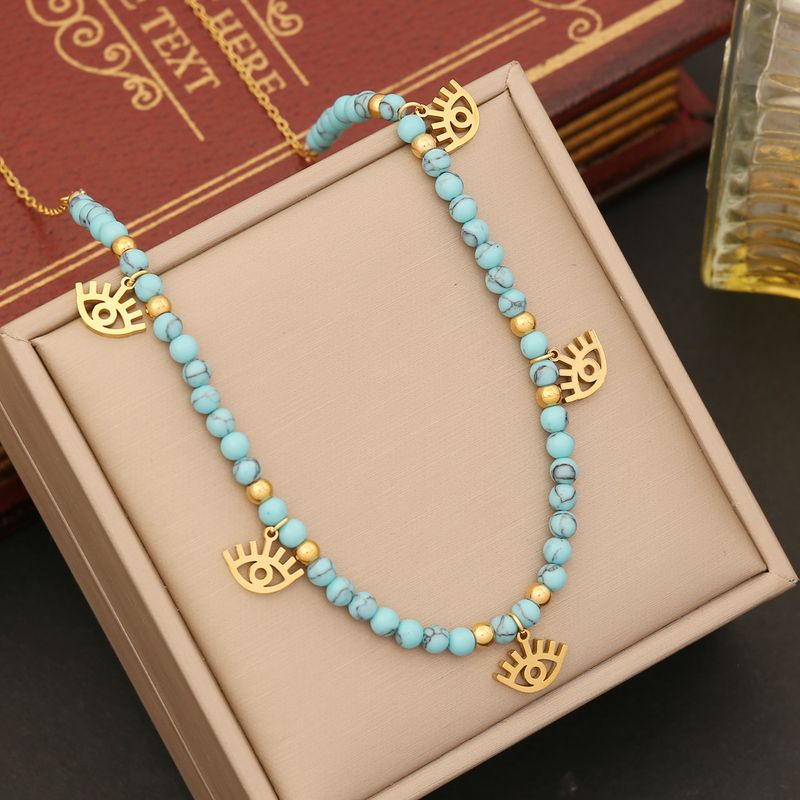 Stainless Steel Turquoise 18K Gold Plated Bohemian Beaded Star Eye Butterfly Pendant Necklace