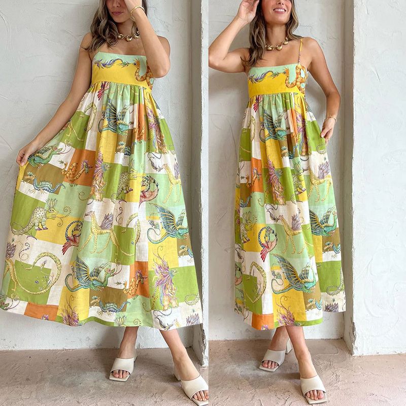 Frau Rock In A-linie Lässig Ferien Reißverschluss Patchwork Ärmellos Tier Midi-kleid Ferien