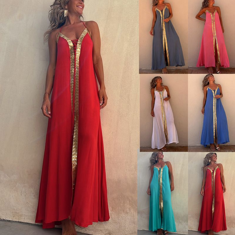 Women's Swing Dress Casual Vacation Halter Neck Patchwork Sleeveless Solid Color Maxi Long Dress Holiday