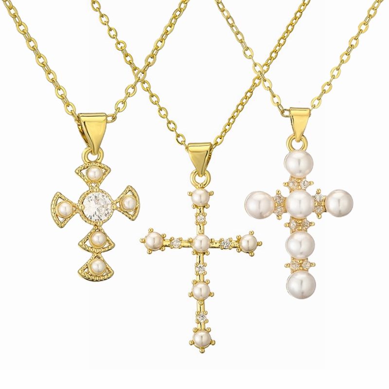 Casual Simple Style Cross Copper Gold Plated Pearl Zircon Pendant Necklace In Bulk