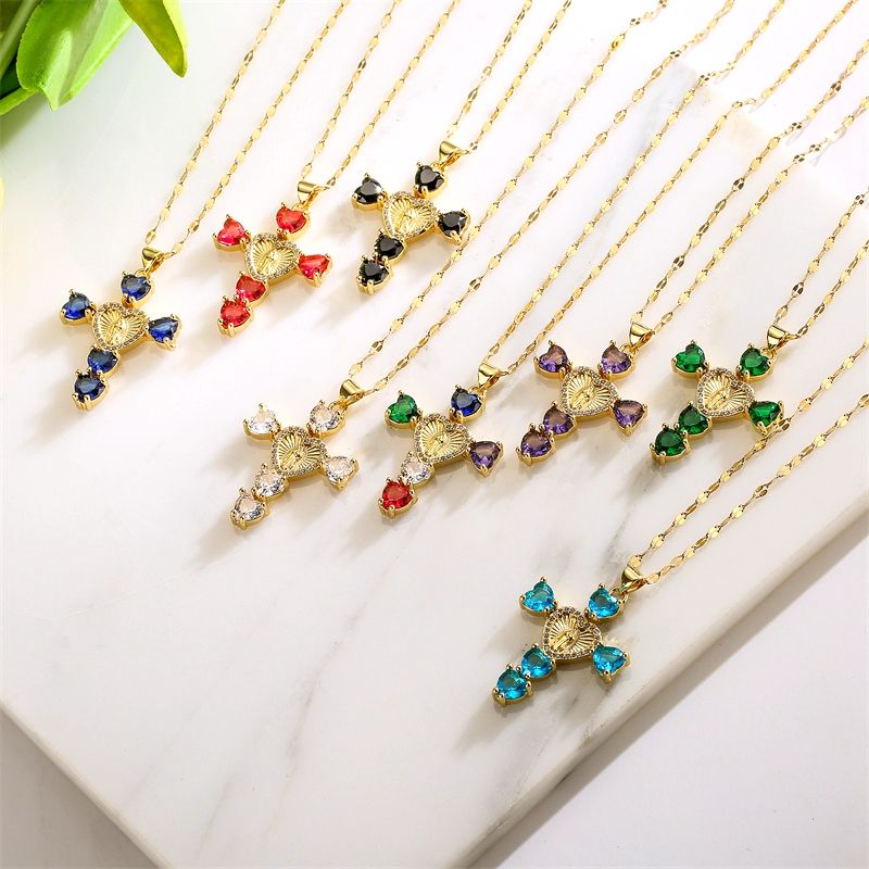 Simple Style Commute Human Cross Heart Shape Stainless Steel Copper Plating Inlay Zircon Gold Plated Pendant Necklace