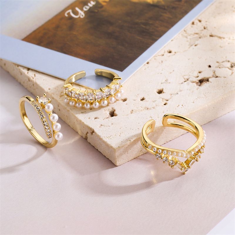Elegant Geometrisch Kupfer Inlay Perle Zirkon Offener Ring