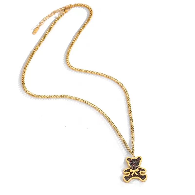 Titanium Steel 18K Gold Plated Sweet Plating Little Bear Bow Knot Acrylic Pendant Necklace
