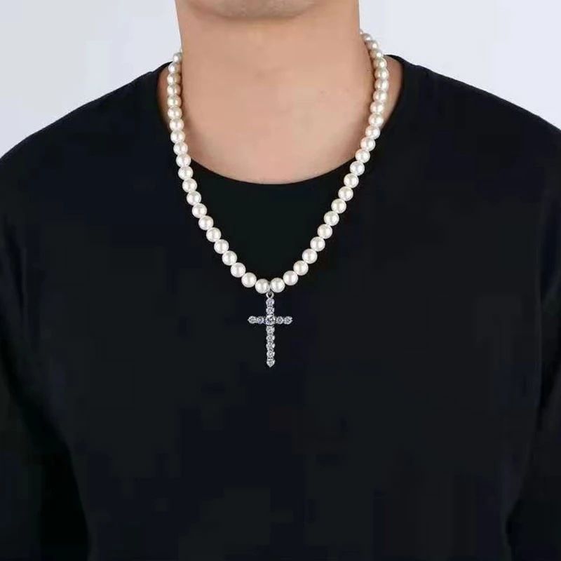 Décontractée Style Simple Traverser Perle D'imitation Alliage Perlé Placage Incruster Strass Hommes Pendentif Sautoir