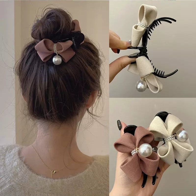Retro Bow Knot Imitation Pearl Plastic Cloth Hair Claws