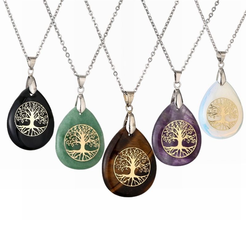 Classical Tree Water Droplets Stainless Steel Natural Stone Pendant Necklace In Bulk