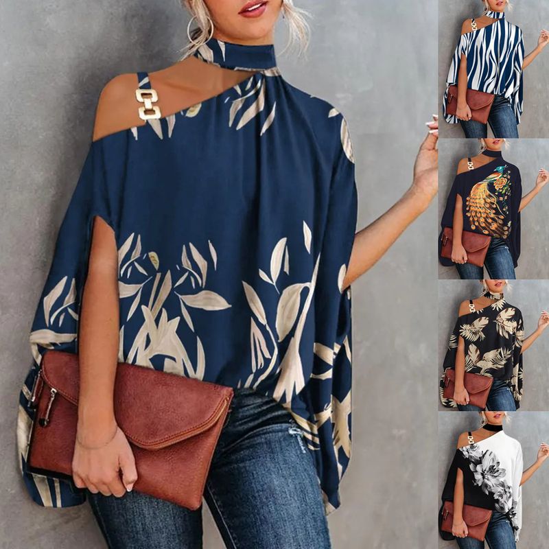 Women's Chiffon Shirt Long Sleeve Blouses Printing Draped Hollow Out Casual Animal Leaf Feather