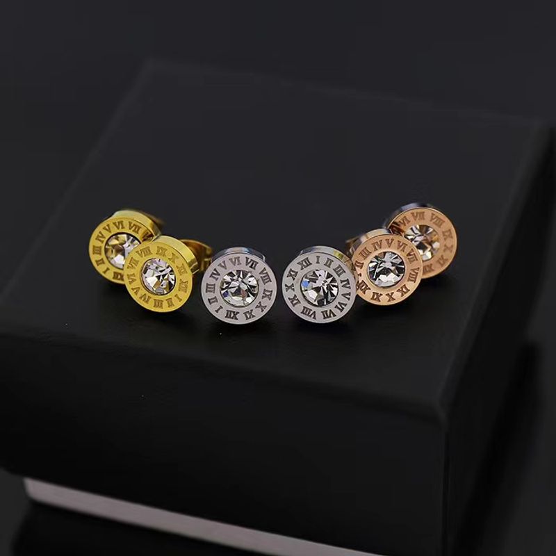 1 Pair Simple Style Round Number Inlay Titanium Steel Glass Ear Studs
