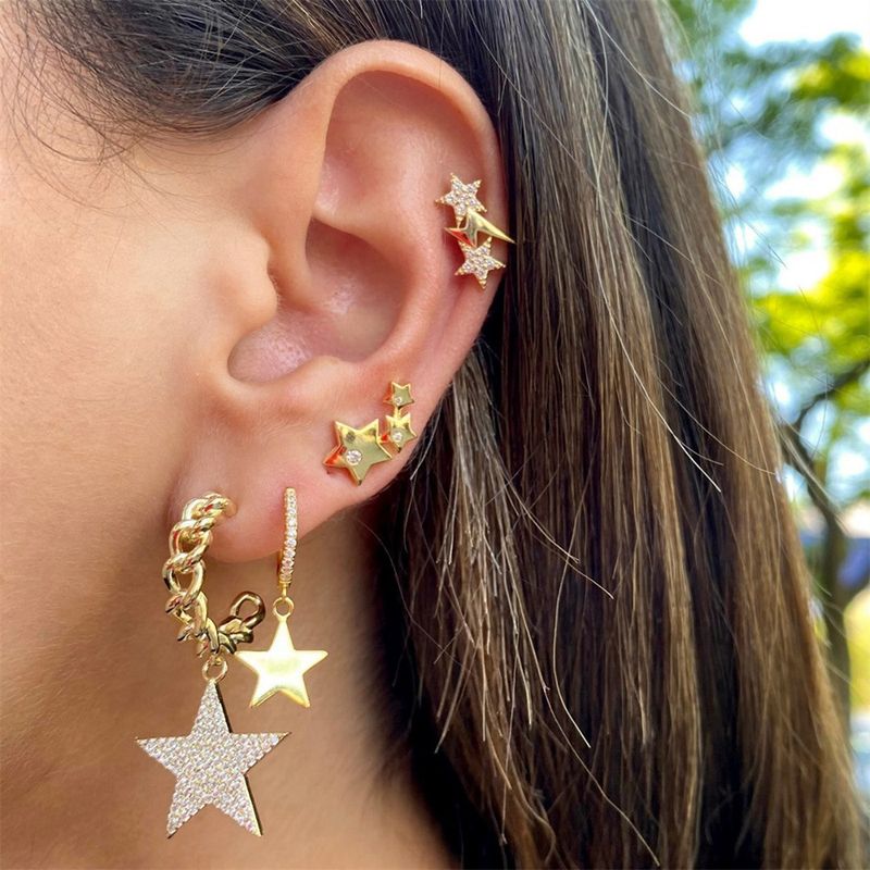 1 Set Shiny Pentagram Plating Inlay Brass 18k Gold Plated Drop Earrings