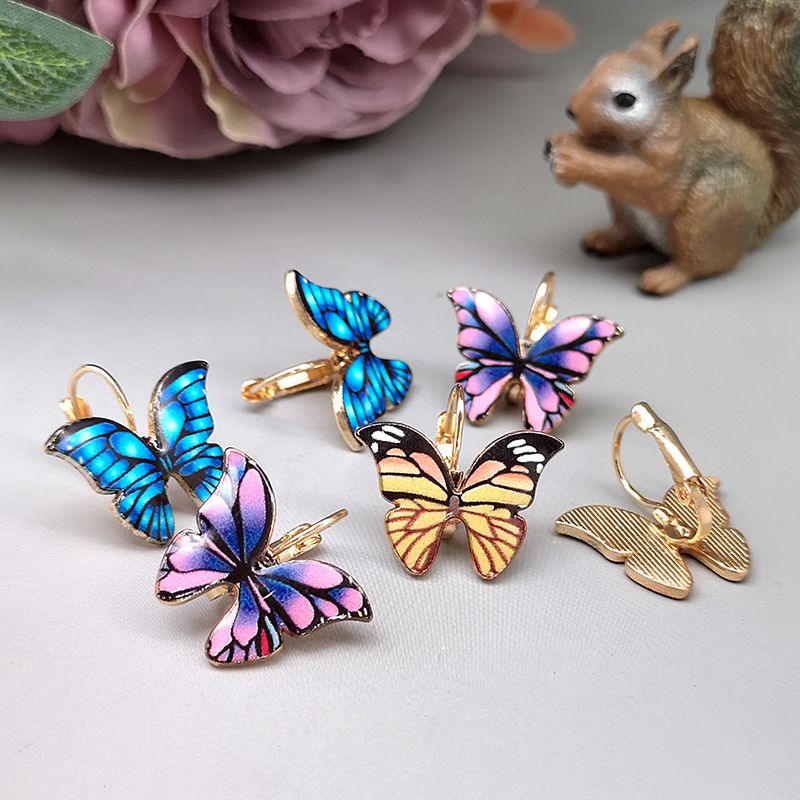 Vacaciones Mariposa Metal Esmalte Enchapado Chapado En Oro Mujeres Aretes