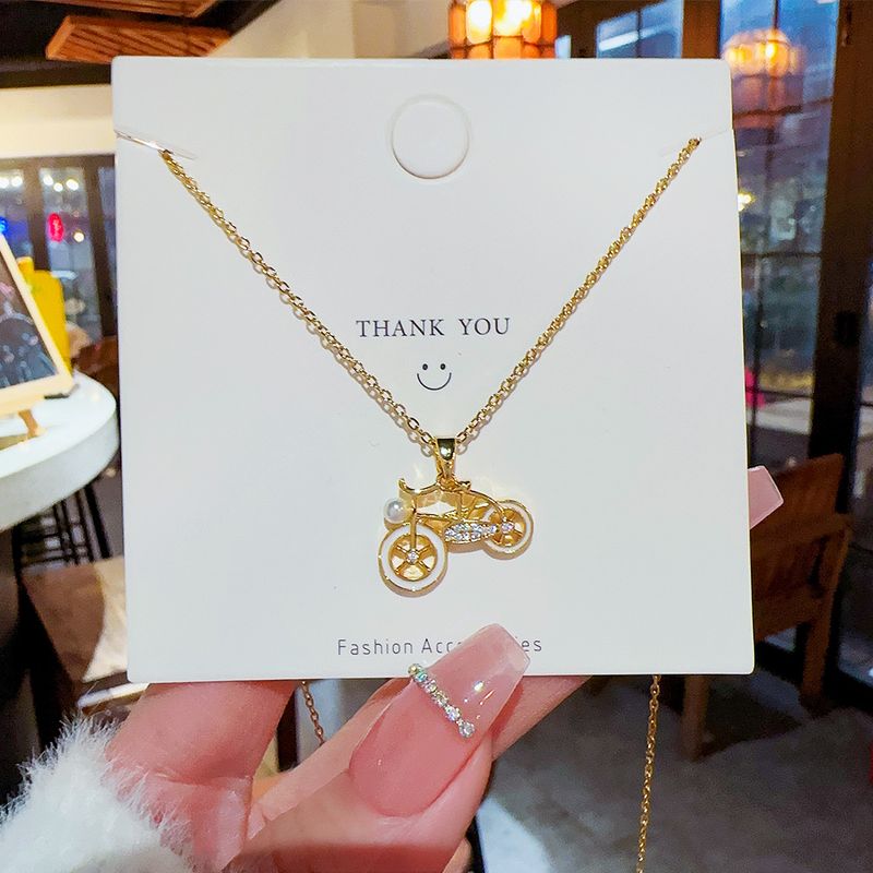Cute Novelty Bicycle Titanium Steel Plating Inlay Artificial Pearls Zircon Gold Plated Pendant Necklace