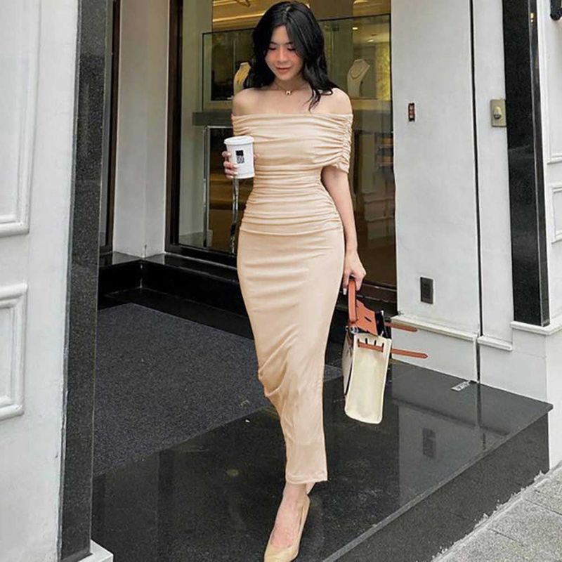 Women's Sheath Dress Elegant Sexy Off Shoulder Ruched Short Sleeve Solid Color Maxi Long Dress Banquet Party Date