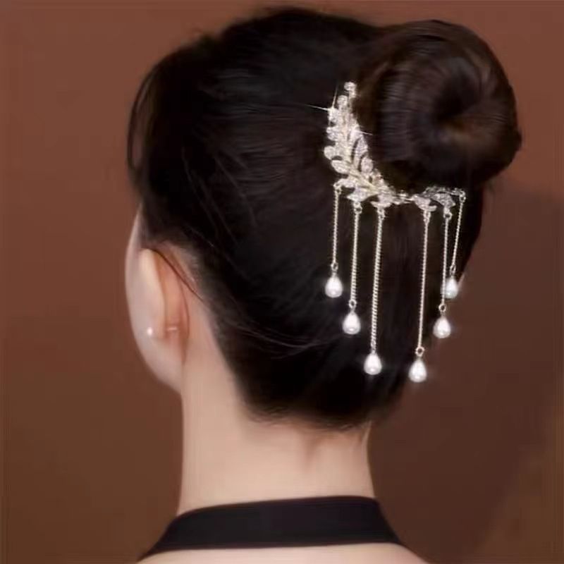 Elegant Tassel Grain Imitation Pearl Alloy Inlay Rhinestones Hair Claws