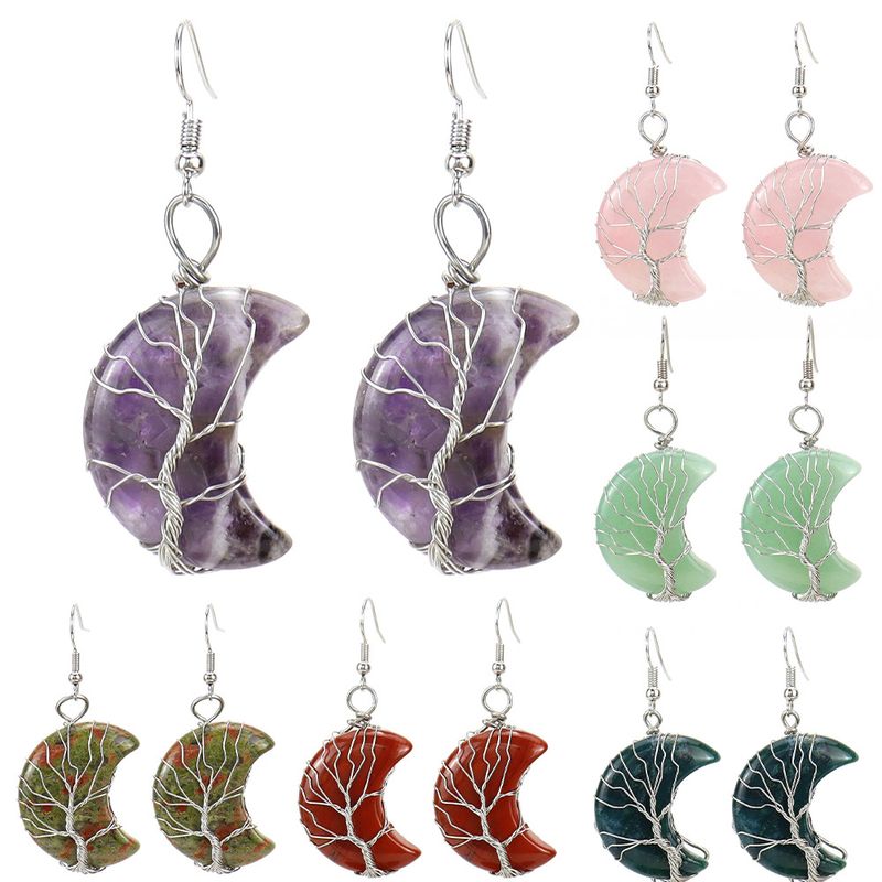 1 Pair Retro Novelty Moon Tree Patchwork Natural Stone Copper Drop Earrings