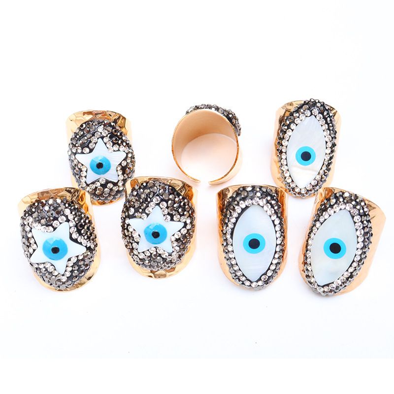 Retro Streetwear Pentagram Devil's Eye Copper Inlay Natural Stone Shell Open Ring