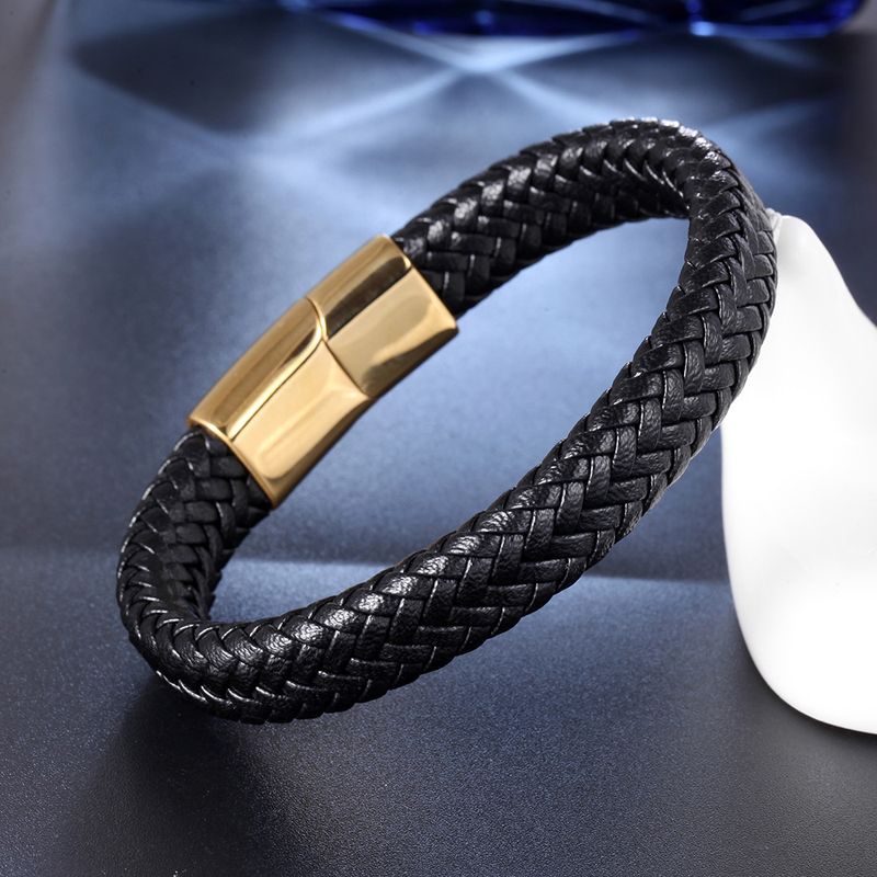 Retro Punk Solid Color Stainless Steel Pu Leather Braid Handmade None Men'S Bangle
