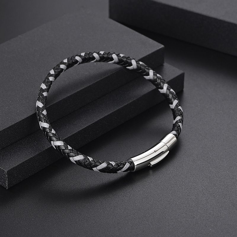 Punk Simple Style Color Block Stainless Steel Leather Men's Wristband