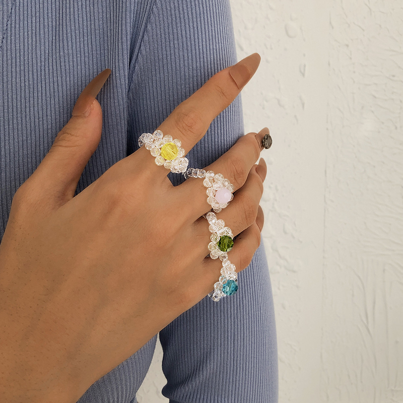 Wholesale Jewelry Cute Geometric Artificial Crystal Beaded Handmade Rings