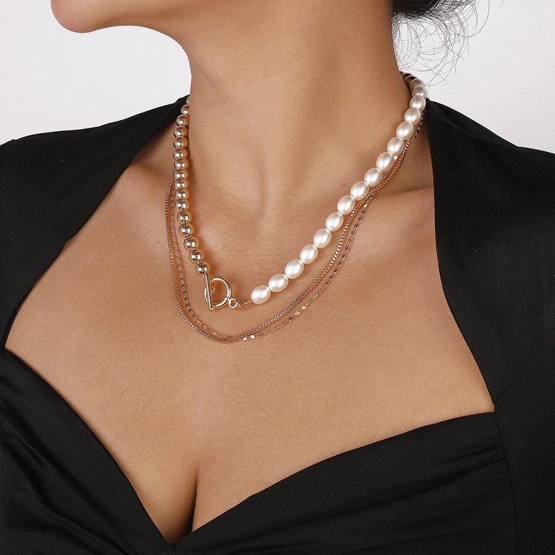 Elegant Geometric Ccb Imitation Pearl Alloy Toggle Beaded Plating Women's Layered Necklaces