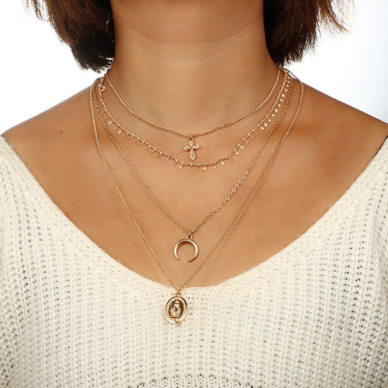 Retro Ethnic Style Cross Horns Alloy Women's Layered Necklaces