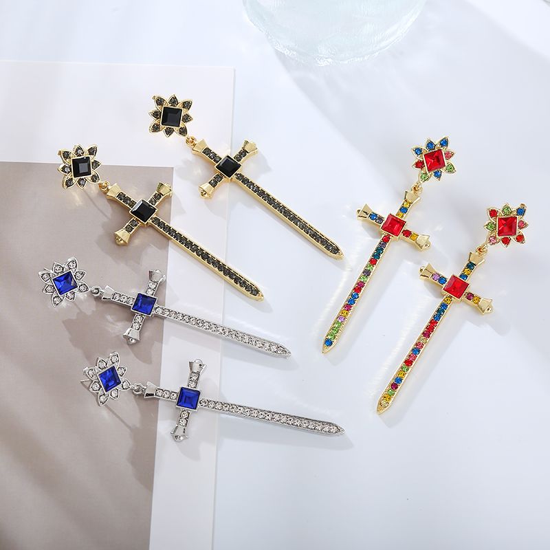 Vintage Style Artistic Cross Alloy Plating Inlay Rhinestones Gold Plated Women's Drop Earrings