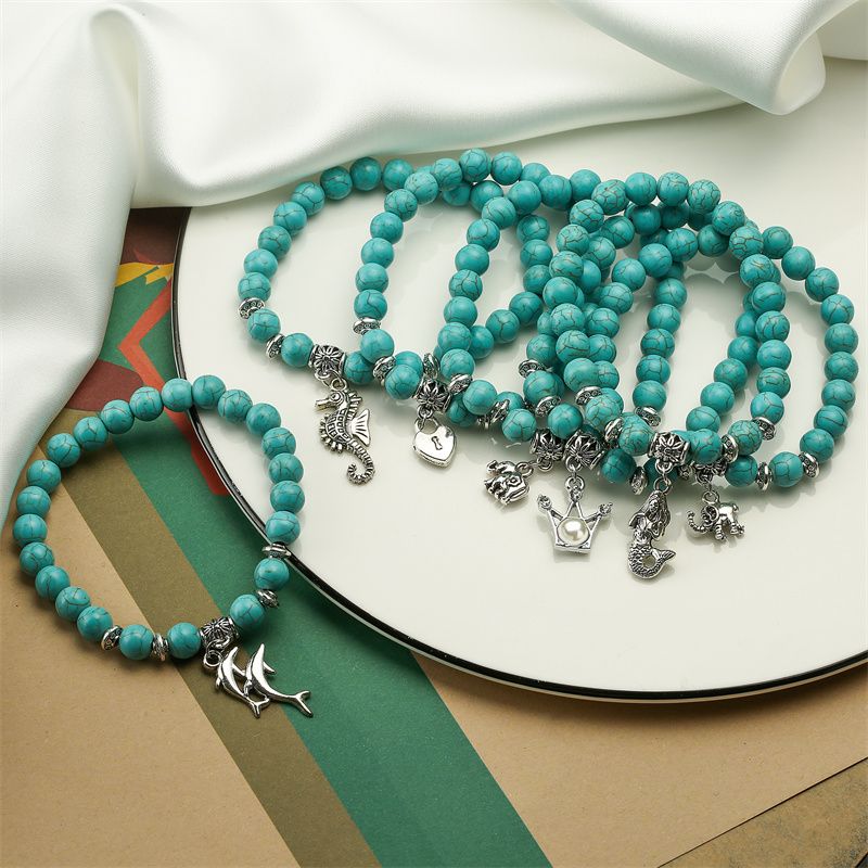 Retro Ethnic Style Animal Heart Shape Mermaid Stainless Steel Turquoise Beaded Inlay Artificial Pearls Bracelets