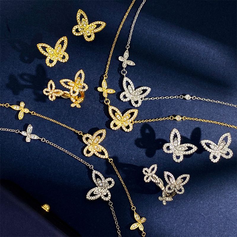 Elegant Lady Butterfly Copper Inlay Zircon Bracelets Earrings Necklace