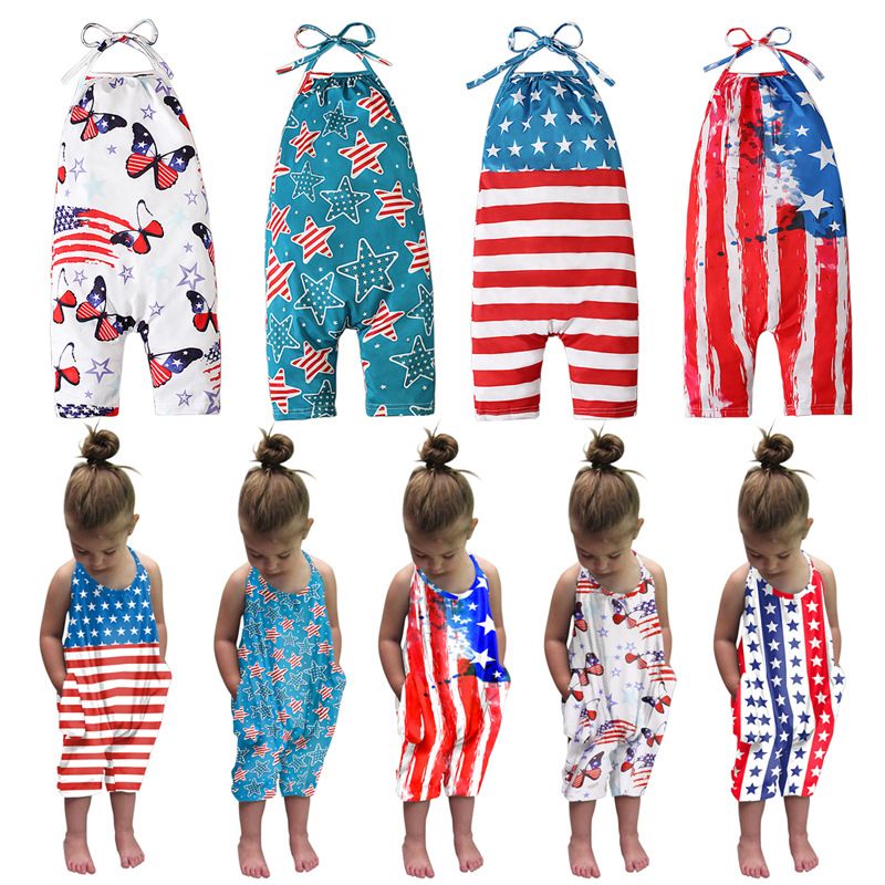 Independence Day Casual Star Stripe Butterfly Printing Backless Cotton Jumpsuits