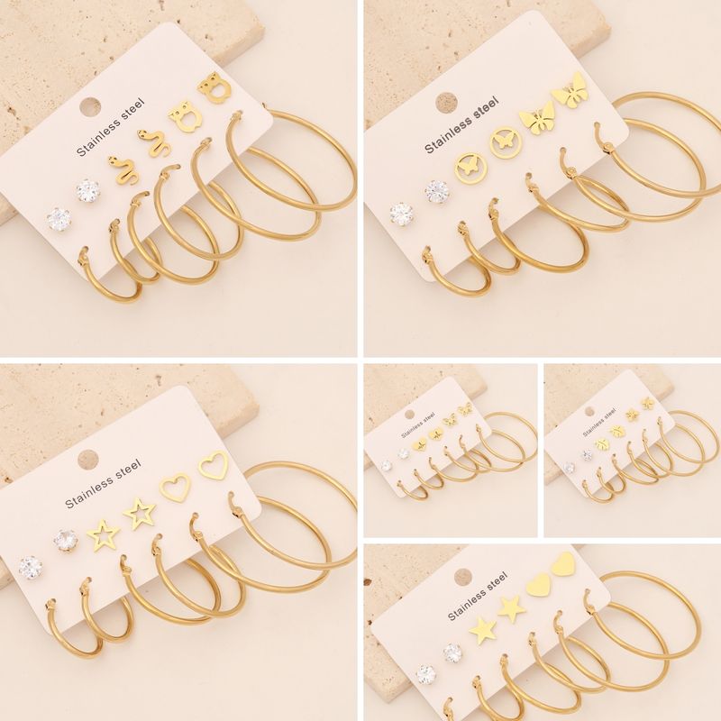 6 Pares Estilo Simple Viajar Diariamente Estrella Forma De Corazón Mariposa Embutido Acero Inoxidable Circón Chapados en oro de 18k Aretes