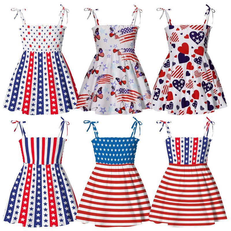 Independence Day Casual Streetwear Flag Star Stripe Printing Polyester Girls Dresses
