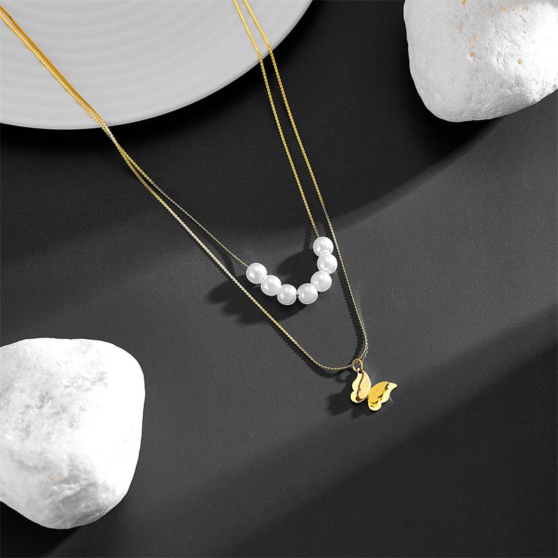 Imitation Pearl Titanium Steel 18K Gold Plated Basic Retro Butterfly Layered Necklaces