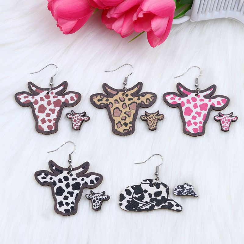 Casual Simple Style Cow Pattern Cattle Wood Printing Women's Drop Earrings Ear Studs