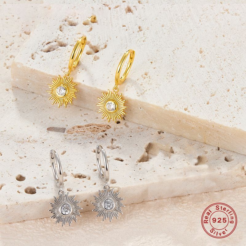 1 Pair Casual Retro Sunflower Plating Inlay Sterling Silver Zircon 18k Gold Plated White Gold Plated Drop Earrings