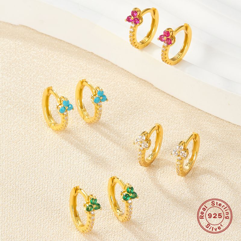 1 Pair Elegant Flower Inlay Sterling Silver Zircon 18k Gold Plated White Gold Plated Earrings